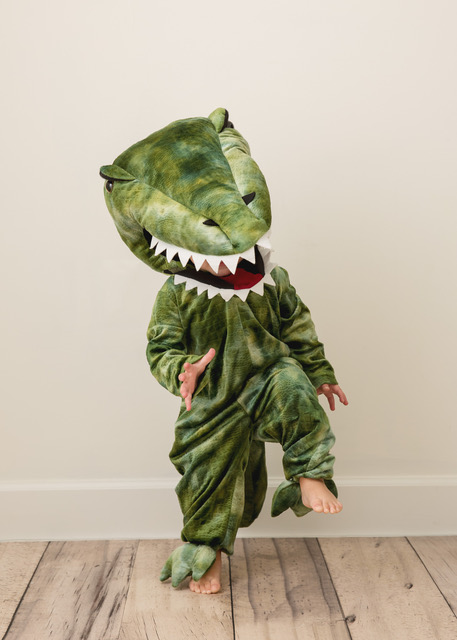 child in cute dinosaur costume